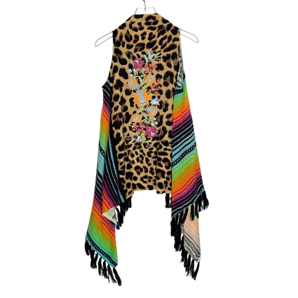 Crazy Train Womens Multicolor Leopard Print Kimono OS Boho Fringe Maximalist - Picture 2 of 8